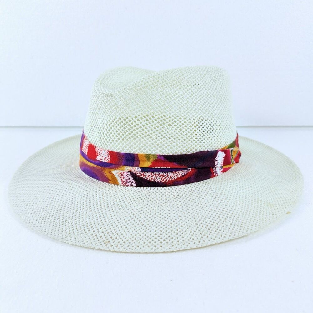 VTG Town Talk Straw Hat Mens Womens Fedora Panama Derby White Multicolor USA